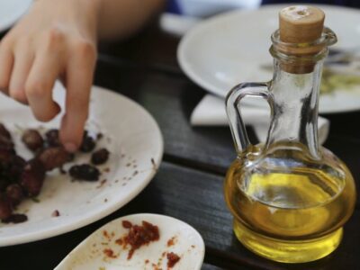 Olive oil on table